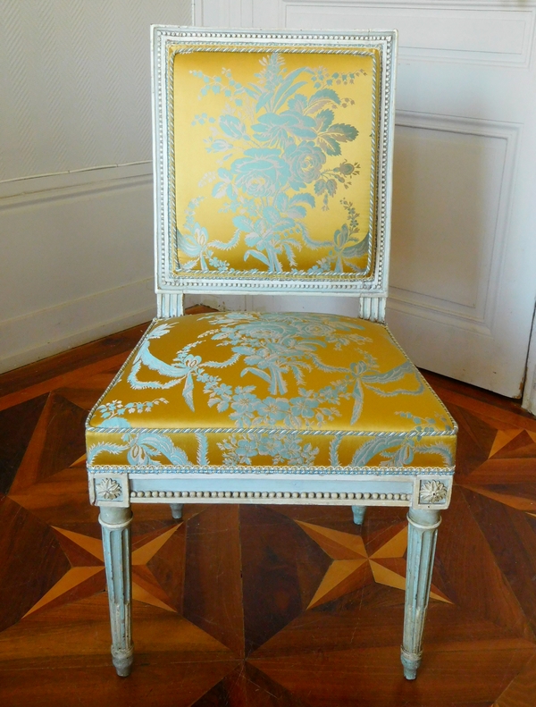 Pluvinet : mobilier de salon 4 pièces d'époque Louis XVI, damas de soie jaune - estampillé